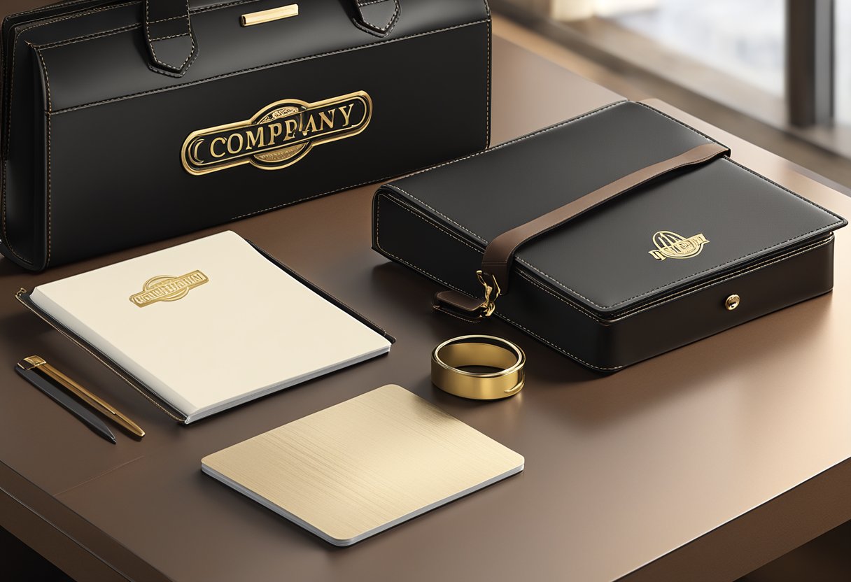A sleek leather briefcase and matching notebook sit on a polished desk, adorned with a gold embossed company logo. A ribbon-tied gift box holds a set of personalized leather coasters and a thank-you card