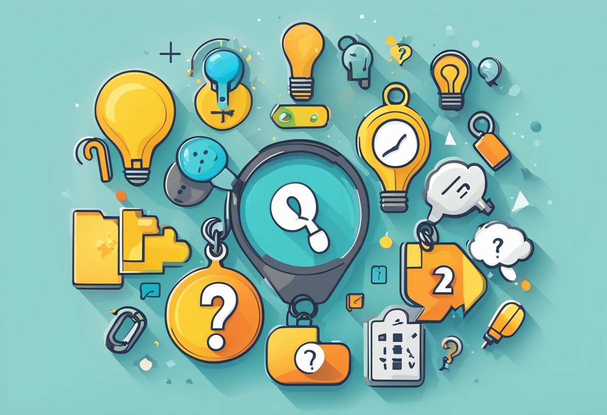 A keychain with "Frequently Asked Questions" text surrounded by colorful and playful icons, such as a question mark, exclamation point, and lightbulb