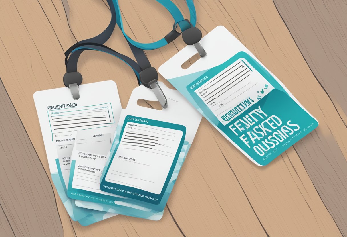 A lanyard card holder with "Frequently Asked Questions" printed on it, hanging from a neck