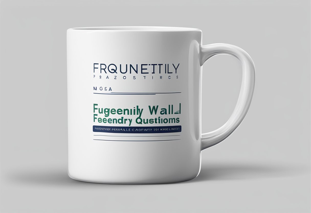 A customized double wall mug with "Frequently Asked Questions" printed on it, placed on a clean, white surface with a subtle shadow