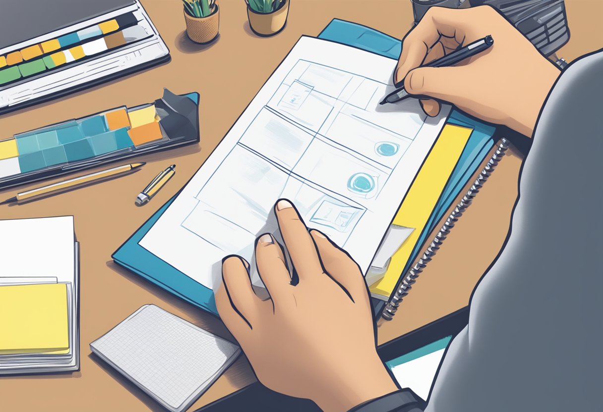 A hand reaching for a customised post-it pad on a desk, with a client looking on, considering the purchase