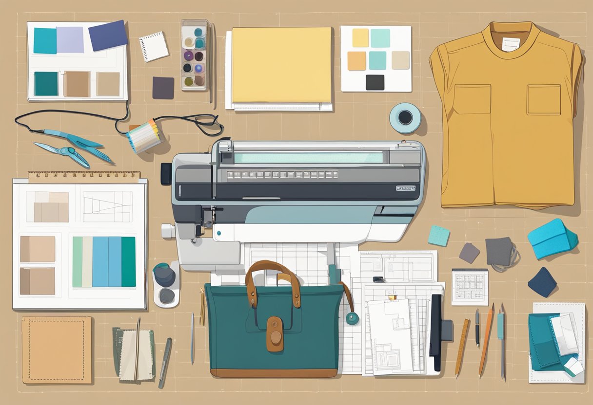 A table with various fabric swatches, a sewing machine, and a computer with design software open. A tote bag template is pinned to a corkboard with sketches and color palettes surrounding it