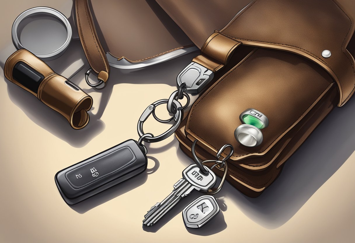 A keychain with personalized initials hangs from a leather bag, surrounded by a set of keys and a small flashlight
