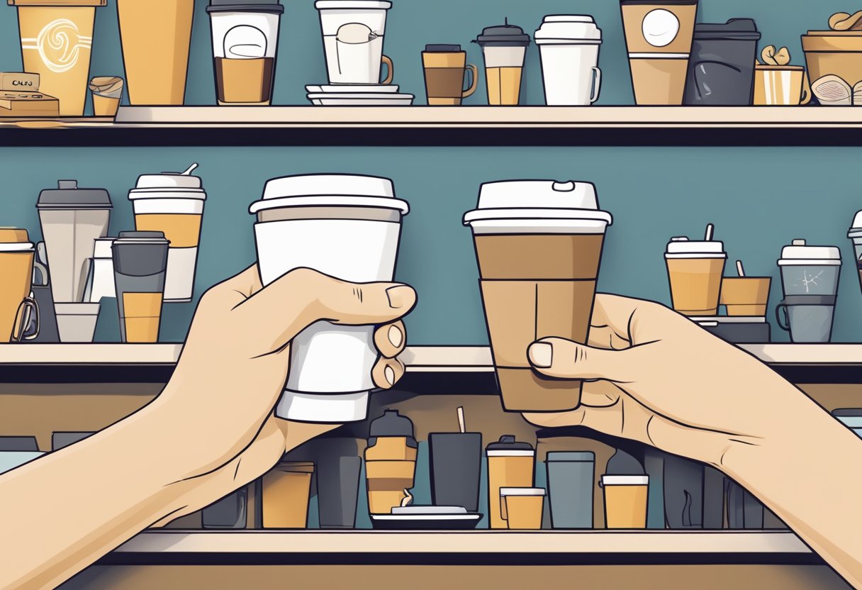 A hand reaches for a customised coffee tumbler on a shelf, surrounded by a welcoming and aesthetically pleasing cafe environment