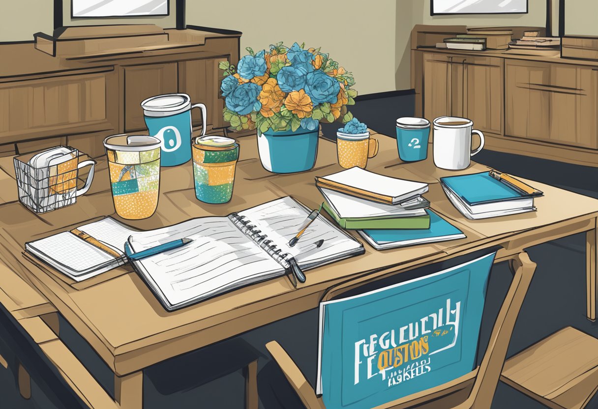 A table with various corporate gift items such as branded mugs, notebooks, and gift baskets displayed with a sign reading "Frequently Asked Questions" prominently placed