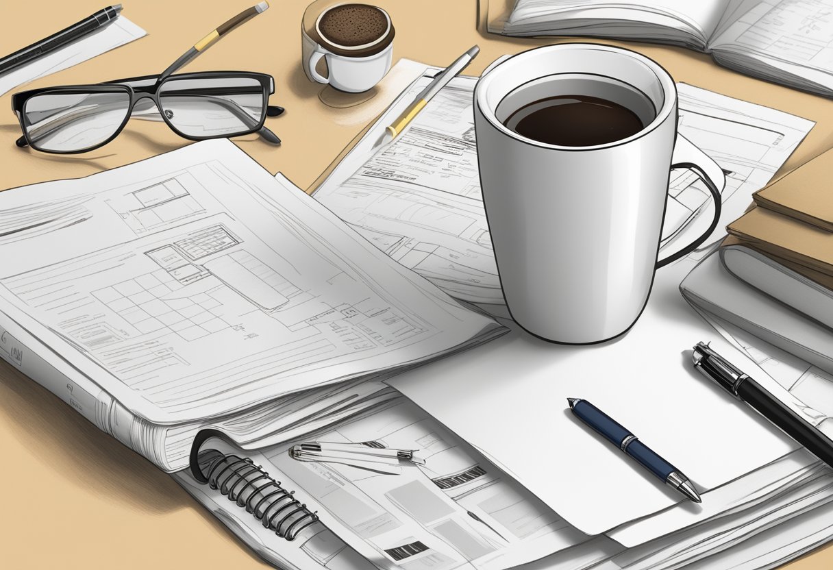A customized coffee tumbler surrounded by a variety of frequently asked questions, with a stack of papers and a pen nearby