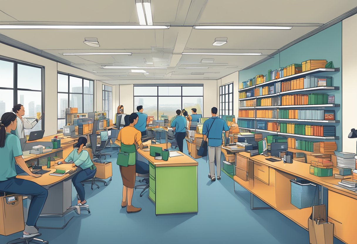 A bustling office with shelves of branded merchandise, employees exchanging gifts, and a conference room filled with logo-stamped products