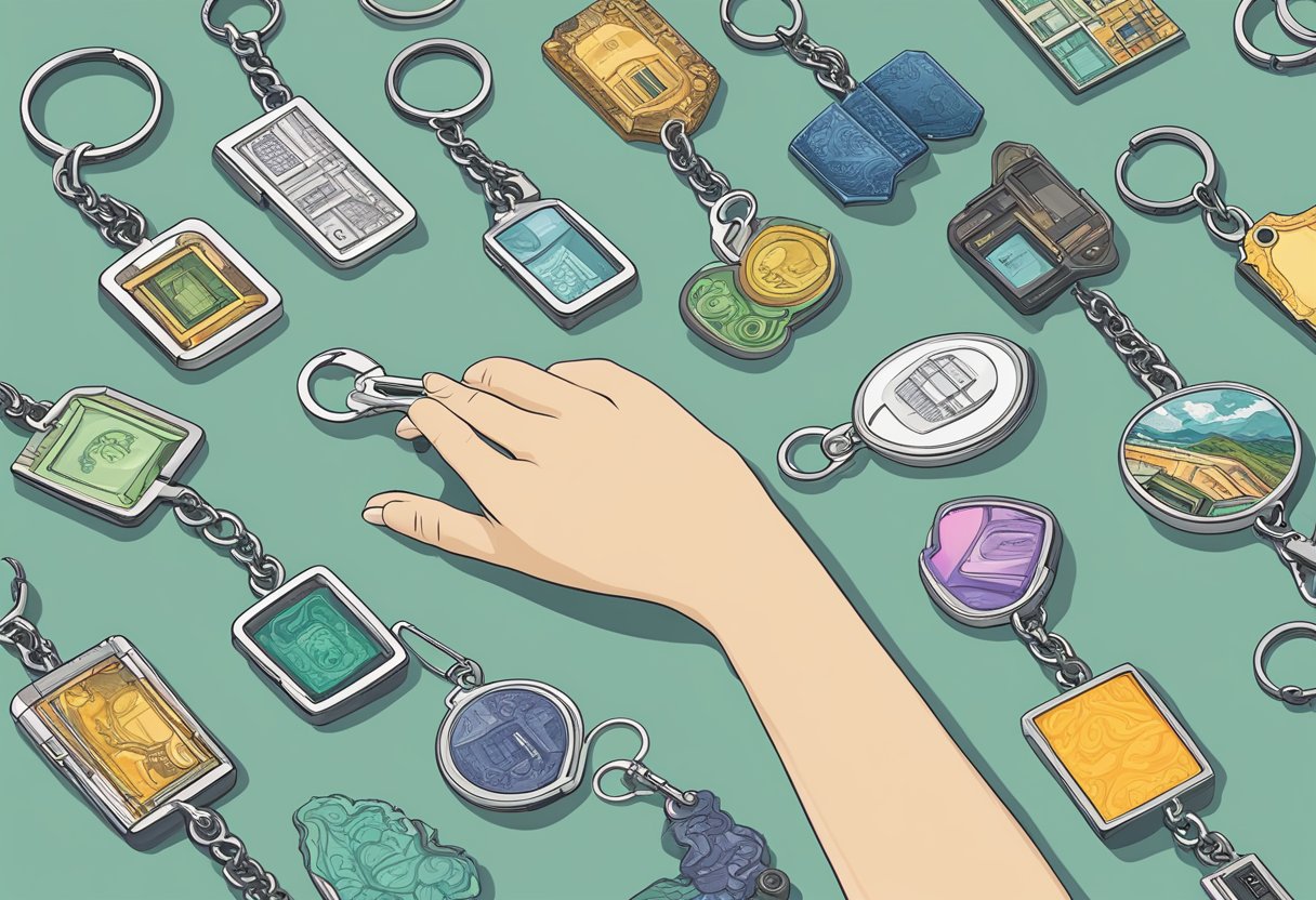A hand reaching for a customised keychain from a display of various designs