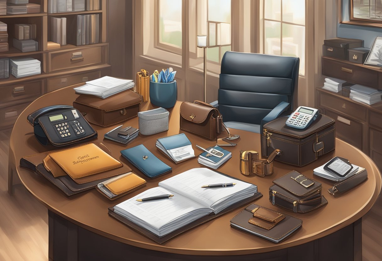 A table displaying various leather corporate gifts with a sign reading "Frequently Asked Questions" in a professional office setting