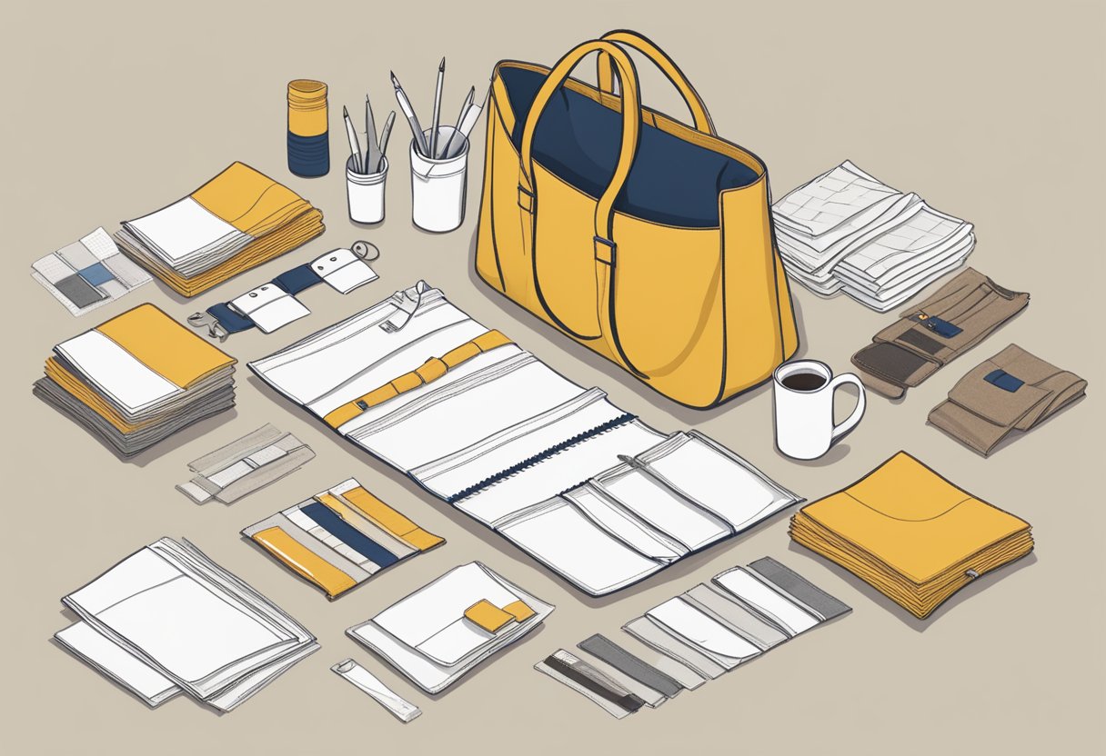 A table with various custom tote bag designs laid out, alongside fabric swatches and sewing materials