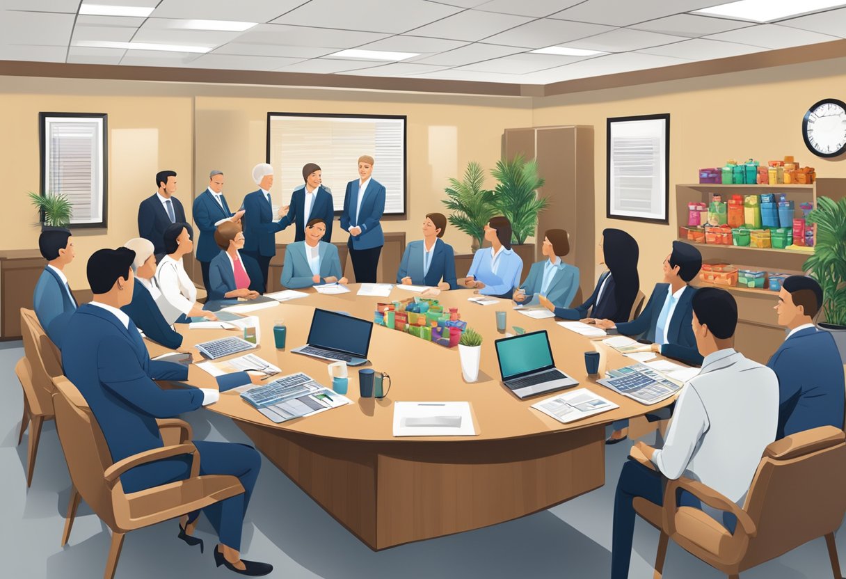 A conference room filled with branded gift baskets and promotional items. Executives exchanging gifts and discussing corporate gifting strategies