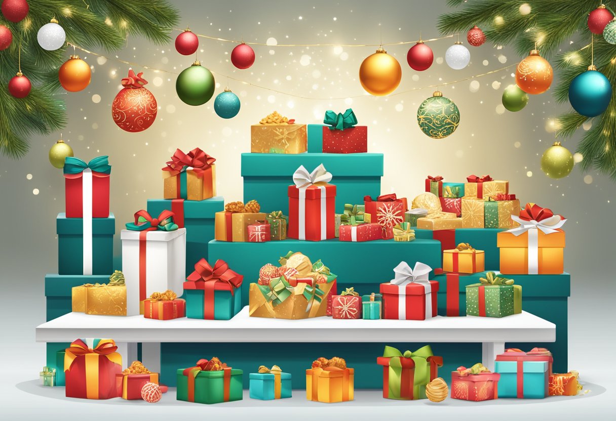 A table displays branded gift boxes and baskets, filled with gourmet treats and luxury items, surrounded by festive decorations and a "Happy Holidays" banner