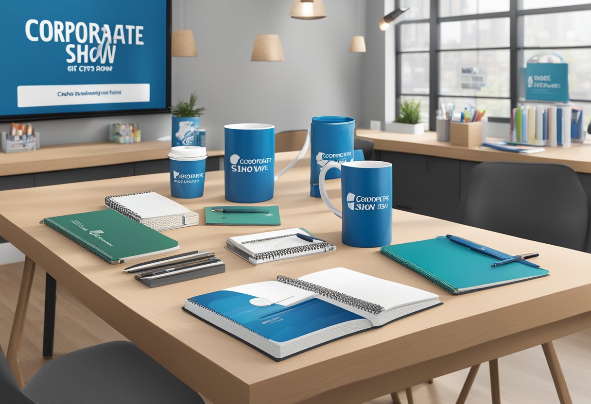 A table displays branded merchandise, including mugs, notebooks, and pens. A banner reads "Corporate Gifts Show" above the display