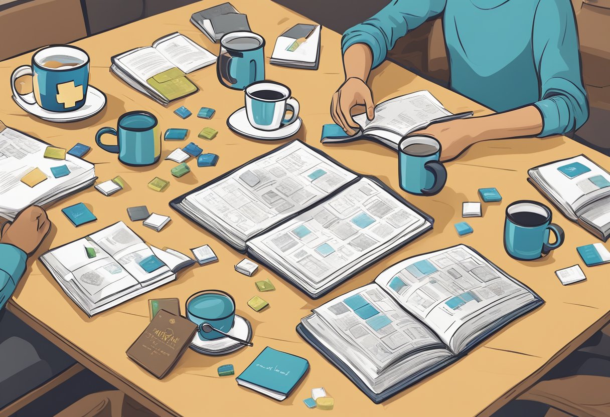 A group of diverse corporate team building gifts arranged on a table, including puzzle sets, motivational books, and personalized mugs