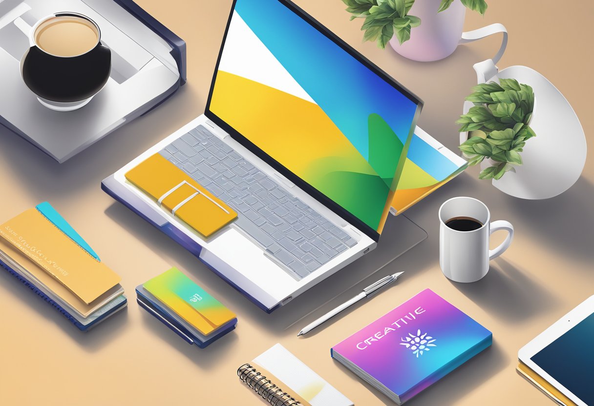 A table displays branded notebooks, mugs, and tech accessories. A banner reads "Creative Corporate Gifts" above the items