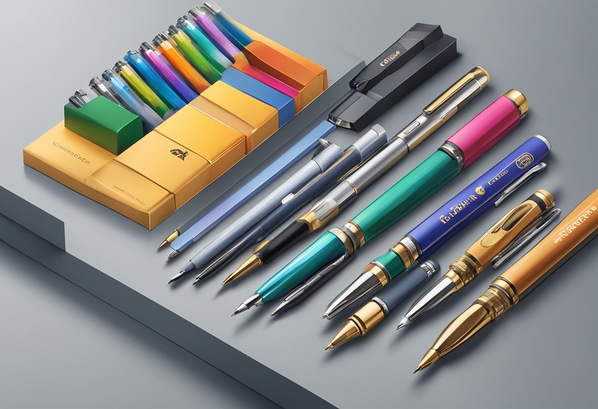 A table displaying various branded pens with company logos. Gift boxes and ribbons arranged neatly