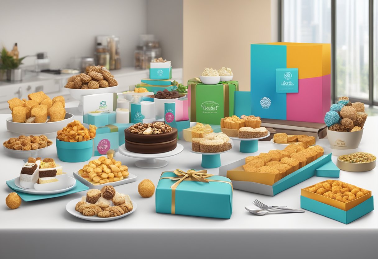 A table with a variety of gift options, such as branded items, gourmet treats, and personalized gifts, displayed in a professional setting with corporate branding