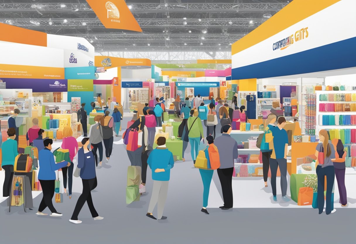 The corporate gifts show is bustling with exhibitors and attendees browsing through a wide array of promotional products and branded merchandise. Booths are adorned with colorful displays and samples, creating a vibrant and dynamic atmosphere