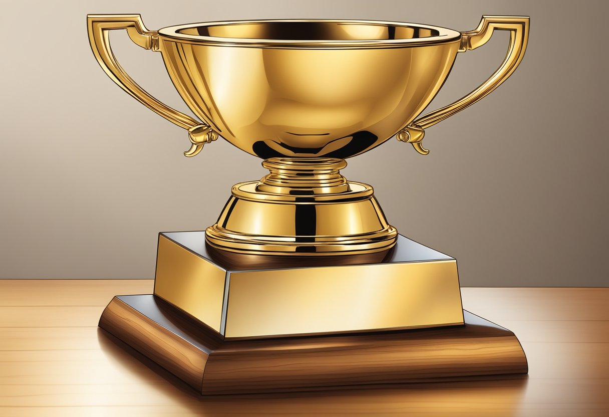 A shiny, gold trophy with personalized engravings sits on a polished wooden base, catching the light and reflecting the surrounding environment