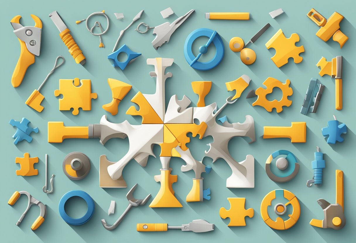 A group of diverse objects, such as puzzle pieces, ropes, and tools, arranged in a circle to symbolize teamwork and collaboration