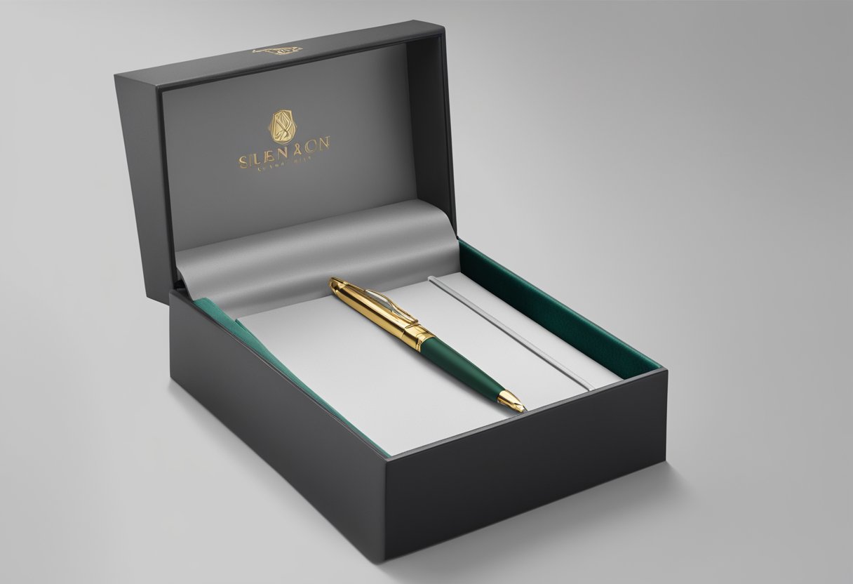 A hand reaches for a sleek, silver pen with a company logo engraved on the side. The pen is displayed on a velvet-lined box with the company's name embossed in gold lettering