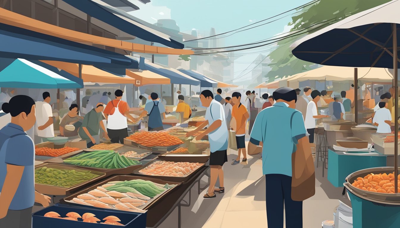 A bustling seafood market in Penang, Singapore, with vendors selling fresh fish, crabs, and other marine delicacies. The air is filled with the aroma of sizzling seafood and the sound of sizzling pans