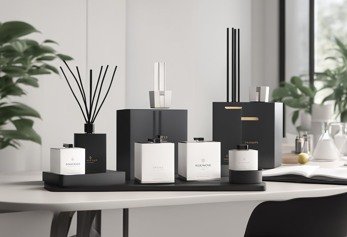 A sleek, modern office space with branded room scent diffusers and elegant corporate gift packages displayed on a polished table