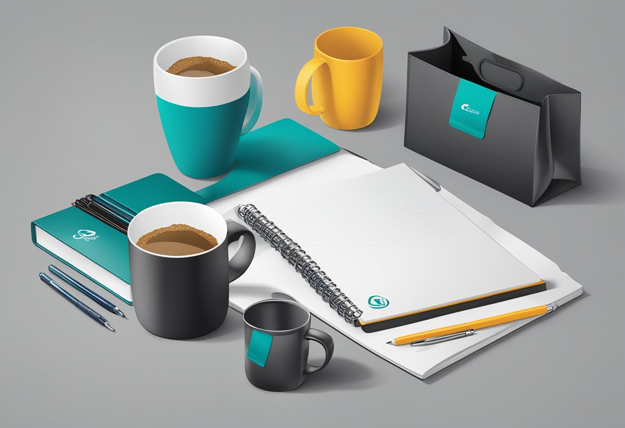 A table with branded pens, notebooks, and mugs. Gift bags and boxes nearby. Company logo displayed prominently