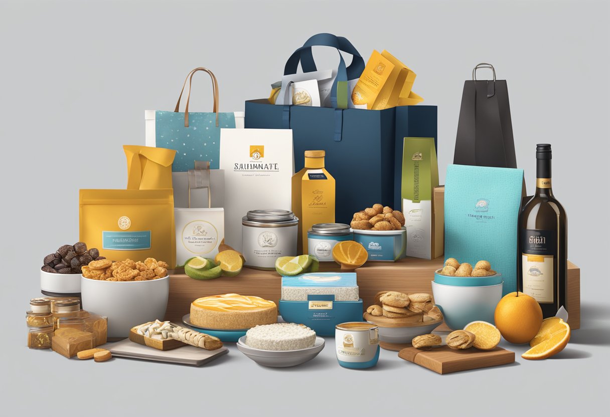 A table with a variety of unique corporate gifts, such as custom-branded items, gourmet gift baskets, and personalized office accessories