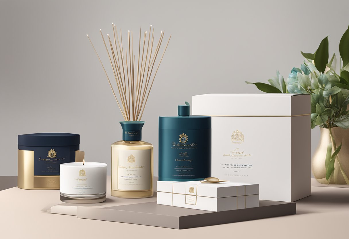 A table displays various room scents, accompanied by elegant packaging and corporate branding. A ribbon-adorned gift box sits nearby