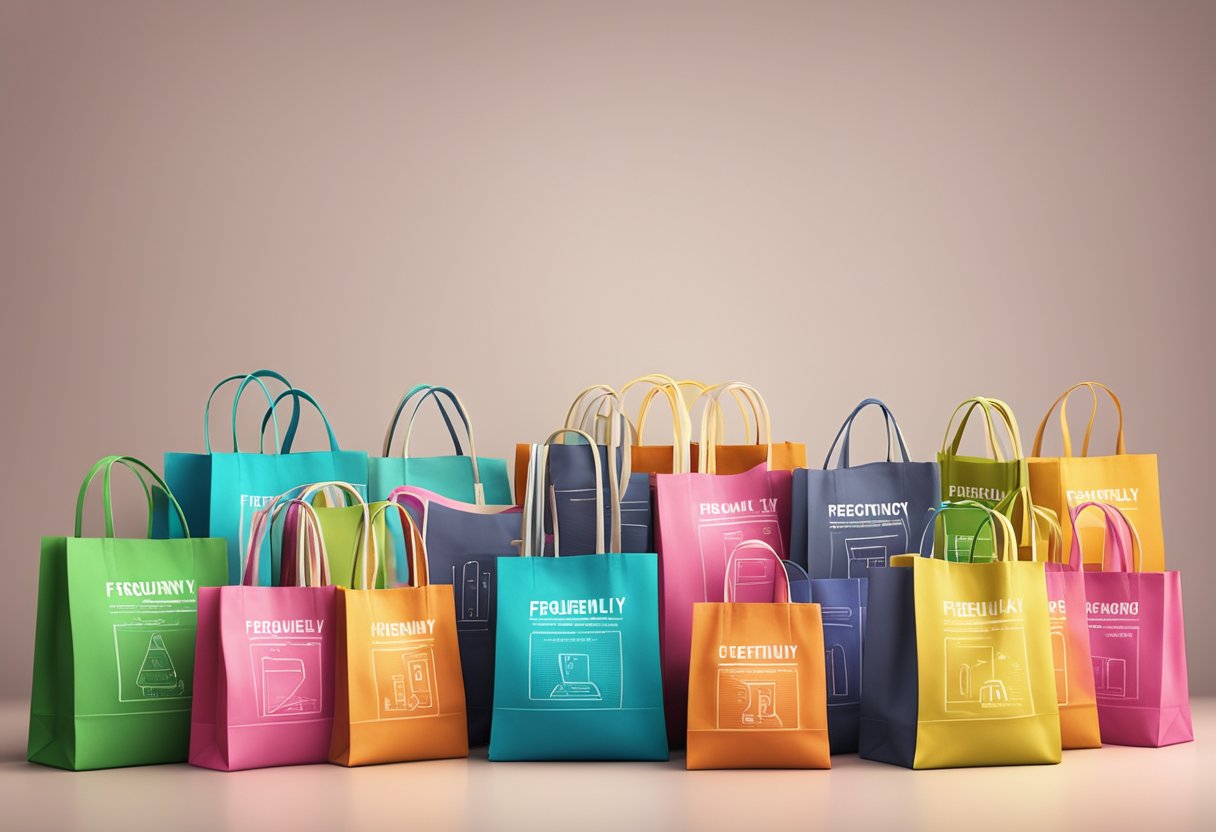 A stack of colorful tote bags with "Frequently Asked Questions" printed on them. Bags are arranged neatly on a table or display