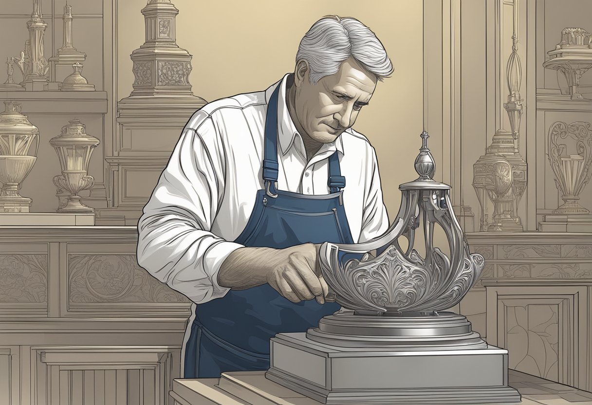 A craftsman engraves a unique design onto a gleaming trophy base