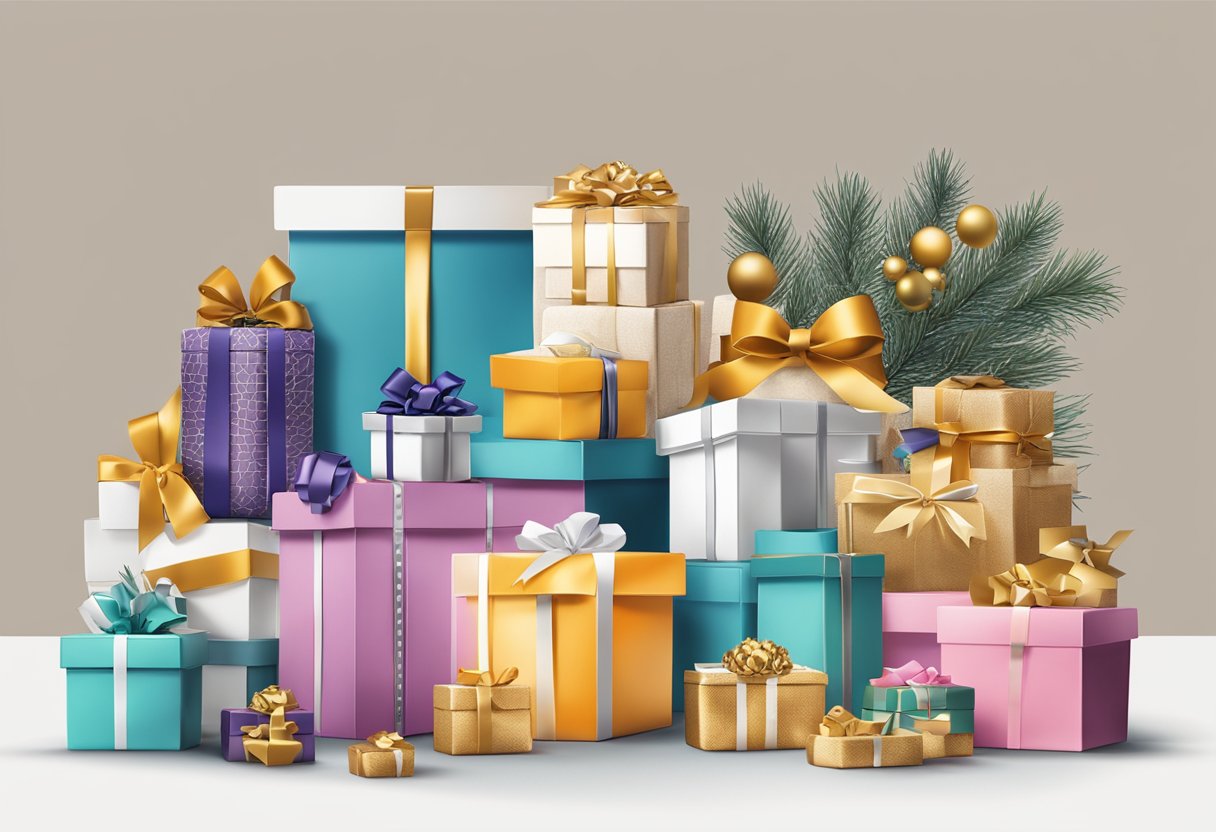 A table with branded gift baskets, luxury items, and personalized corporate holiday gifts for clients