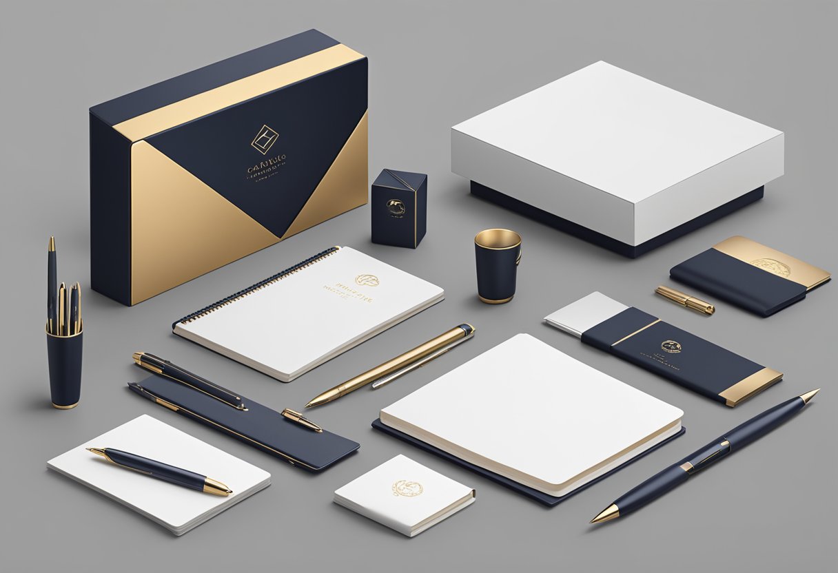 A table adorned with elegant pens, personalized notebooks, and branded tech accessories. A backdrop of sleek gift boxes and luxurious packaging