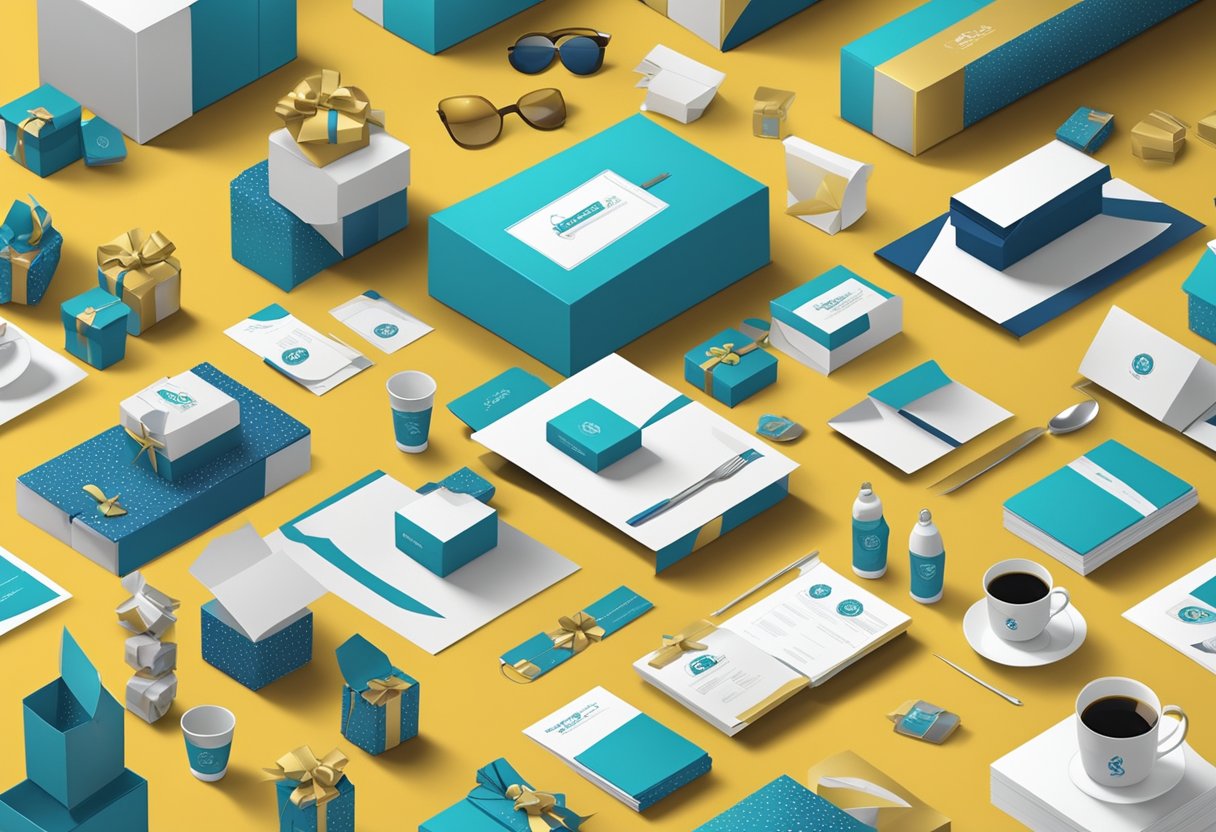 A table is set with neatly arranged gift boxes and branded company merchandise. Banners and signage display the company logo and team building event details