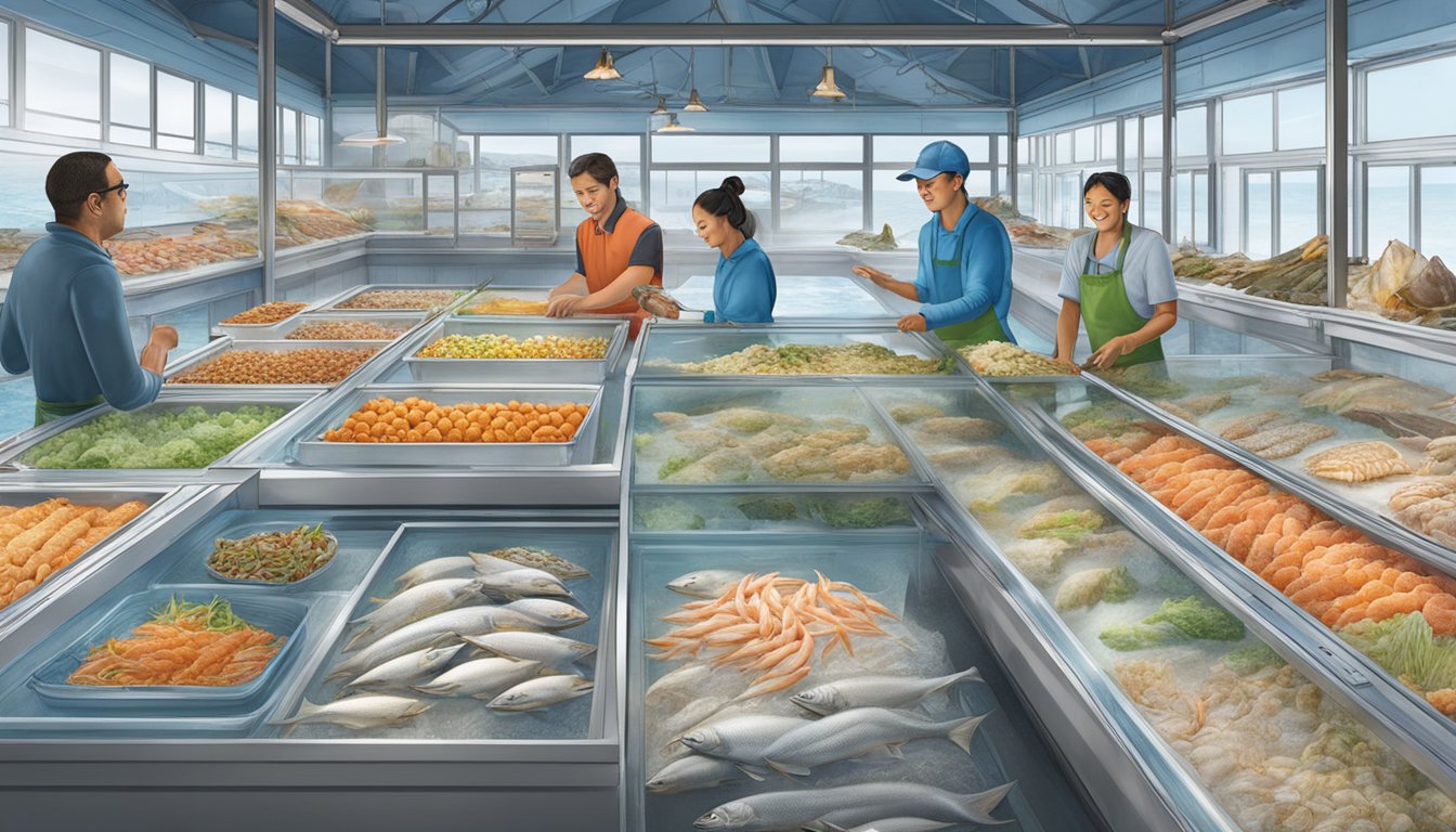 Customers exploring Pang Seafood's array of fresh seafood, from live fish and shellfish to exotic sea creatures, displayed in tanks and on ice