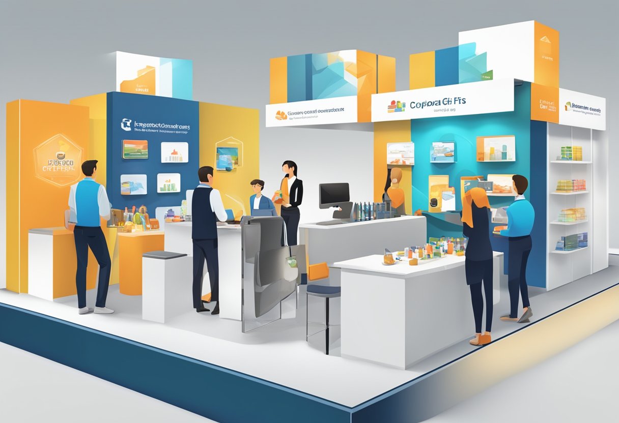 A table displays various corporate gifts. People browse and ask questions at a branded booth
