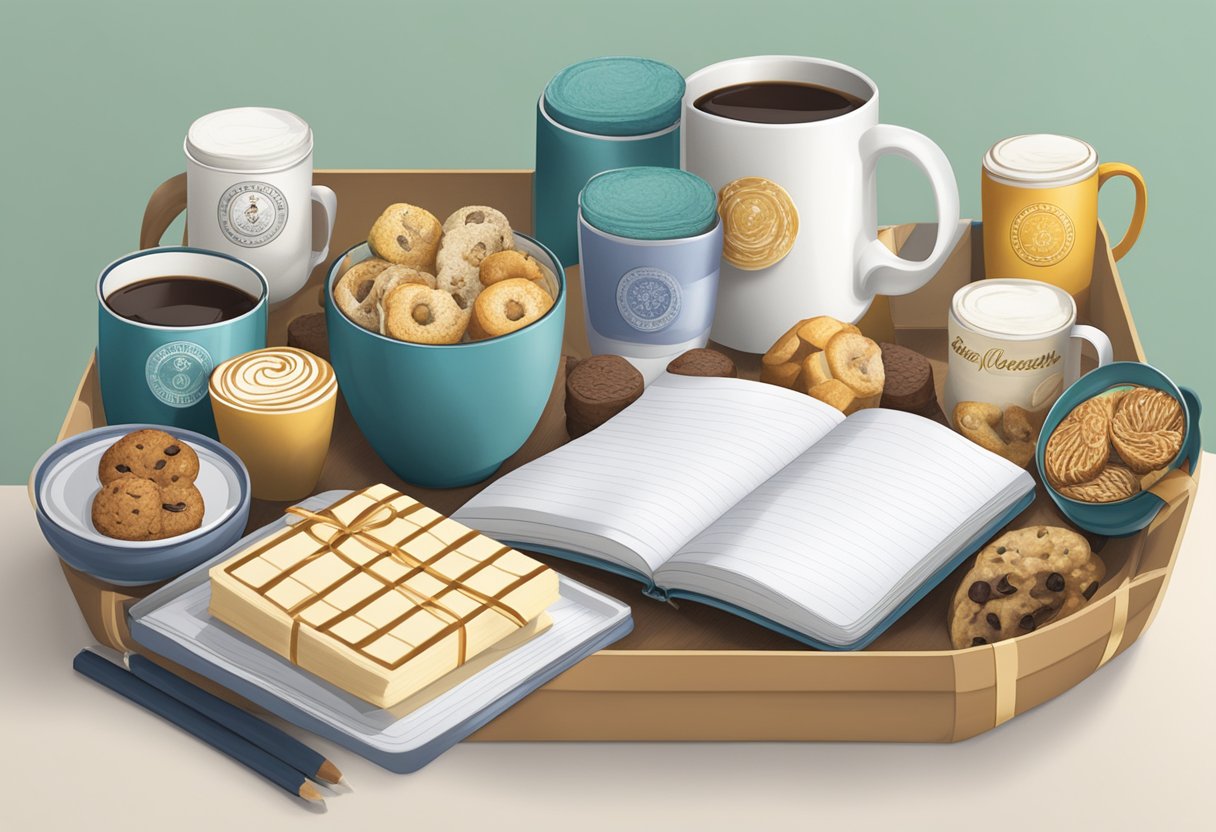 A table adorned with branded mugs, notebooks, and gourmet treats arranged neatly in a gift basket