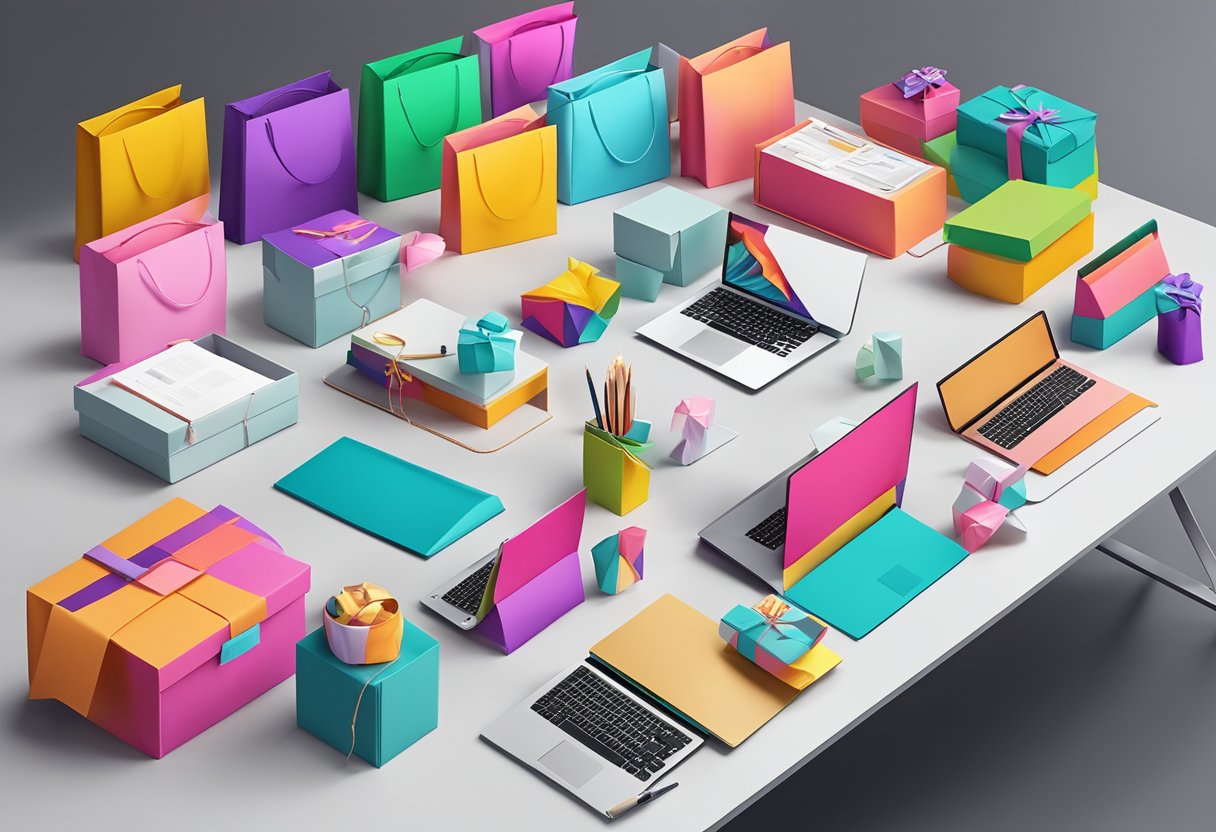 A colorful array of unique corporate gifts displayed on a modern, sleek table with trendy packaging and innovative designs