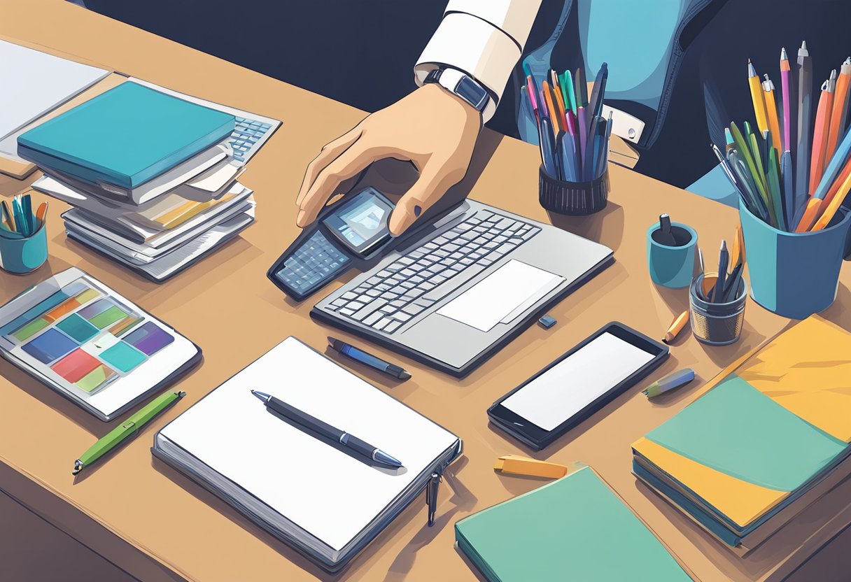 A hand reaches for a variety of small corporate gifts displayed on a table, including pens, notebooks, and electronic gadgets