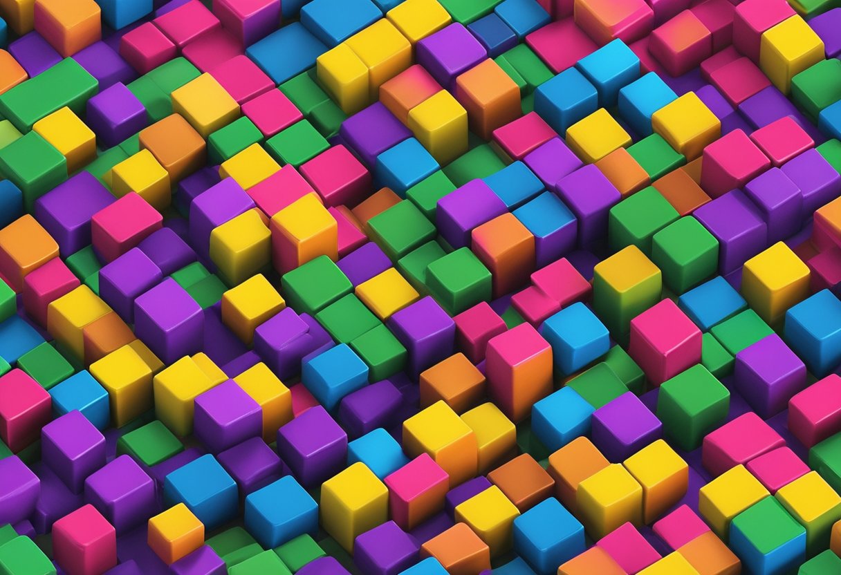 Colorful magnetic blocks arranged in a corporate setting, with logo imprints