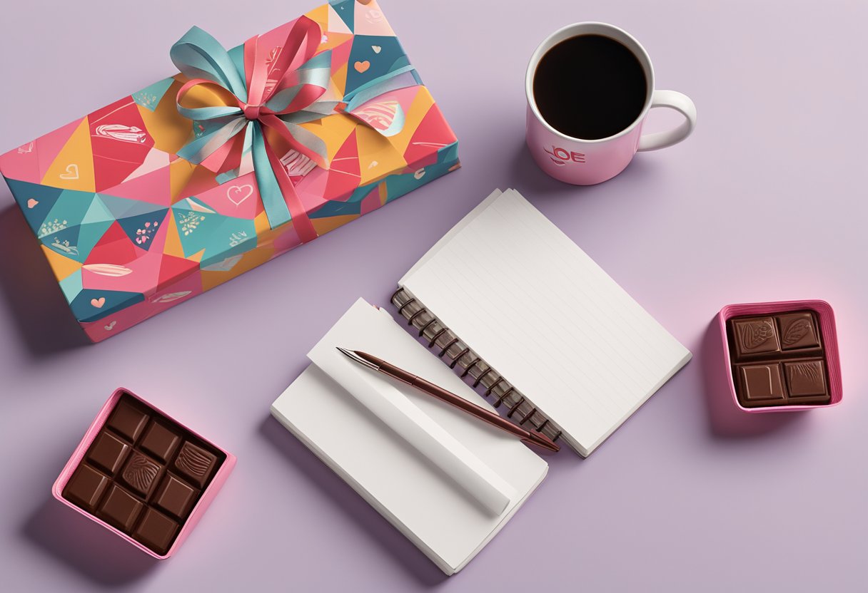 A heart-shaped box of chocolates sits on a desk next to a branded mug and a stack of notepads. The logo of Love SG Corporate Gifts is prominently displayed on each item