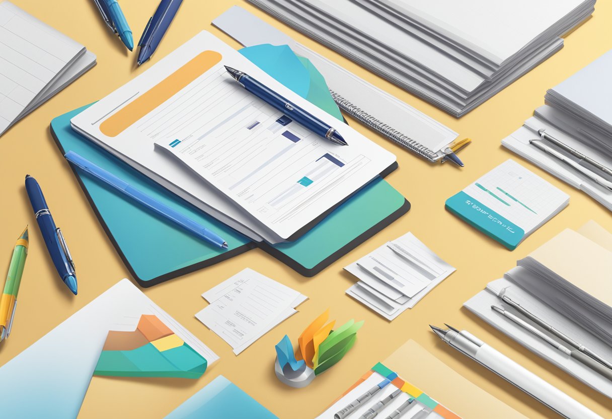 A table with branded pens, a stack of FAQ sheets, and a company logo displayed in the background