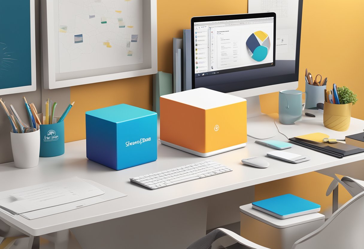 A magnetic cube sits on a sleek desk, surrounded by office supplies and a branded logo