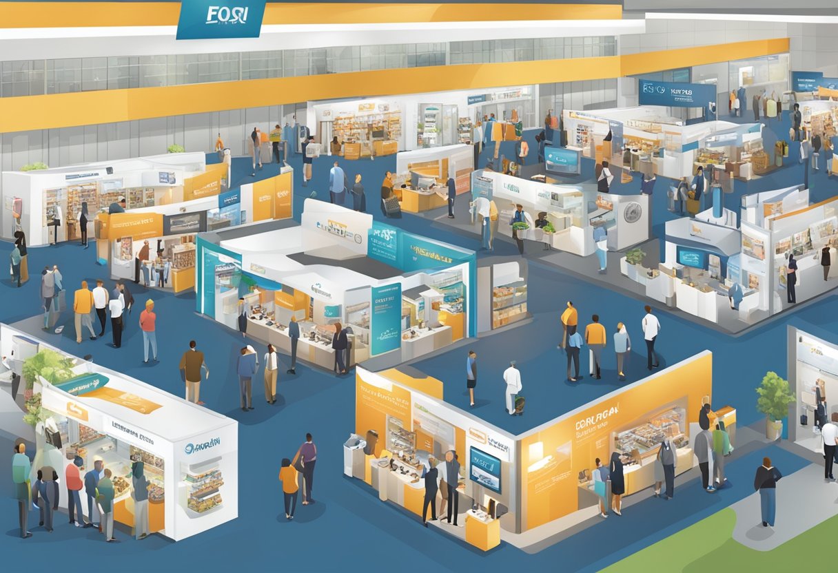 A bustling trade show floor with vendors showcasing various corporate gift items, from branded merchandise to luxury products. Displays feature FAQ signage and eager attendees seeking information