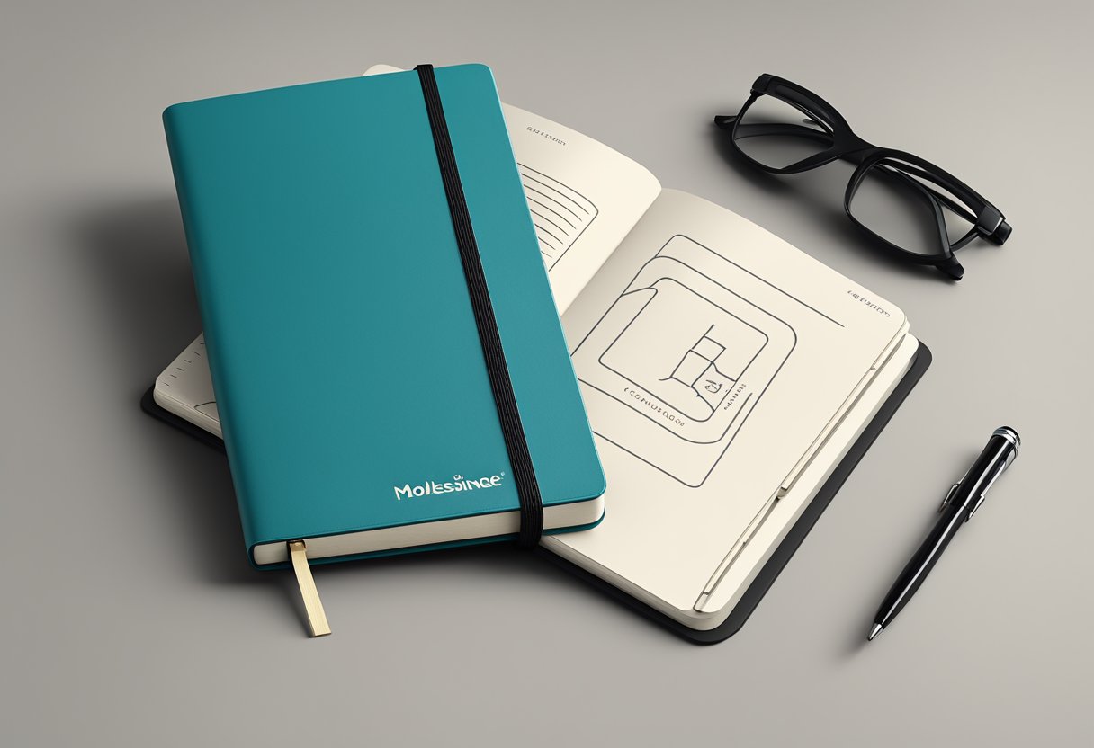 A Moleskine notebook with a corporate logo embossed on the cover, placed on a sleek desk with a pen and a branded gift bag beside it