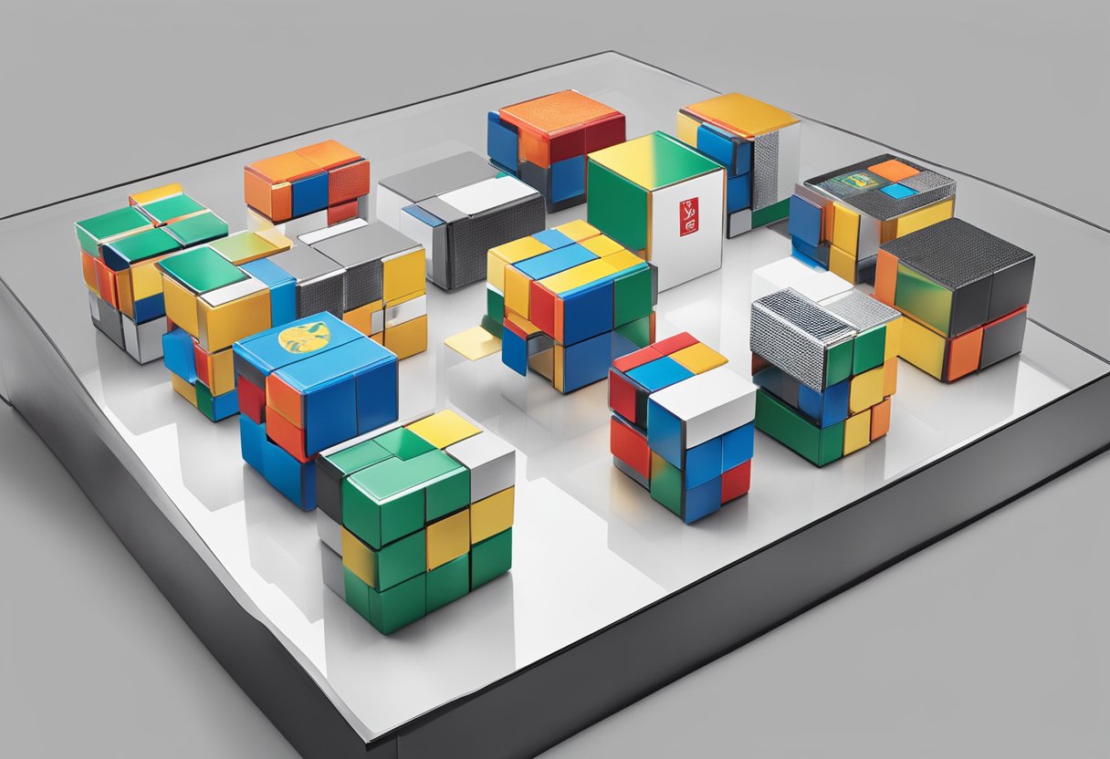 A table adorned with magnetic blocks, branded with corporate logos, ready to be packaged as gifts