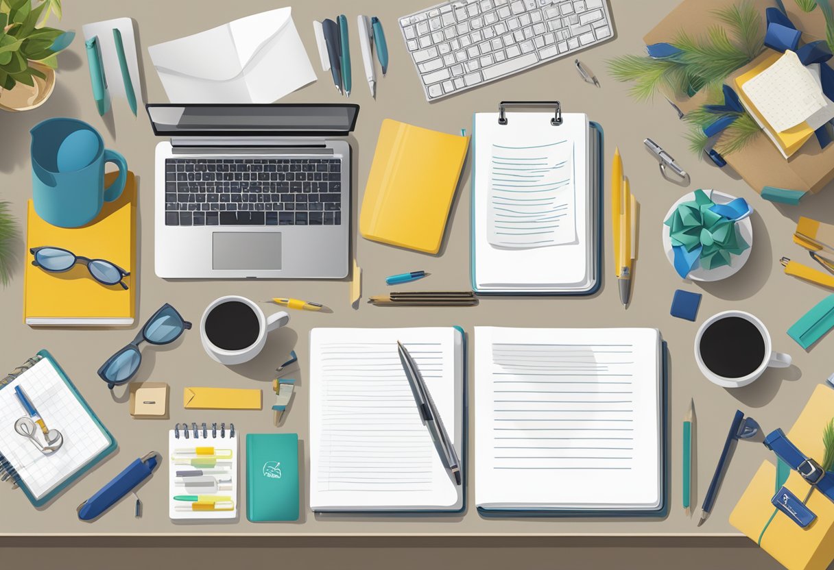 A table with various small corporate gifts displayed, including branded pens, notebooks, and mugs. A sign reads "Frequently Asked Questions about our corporate gifts."