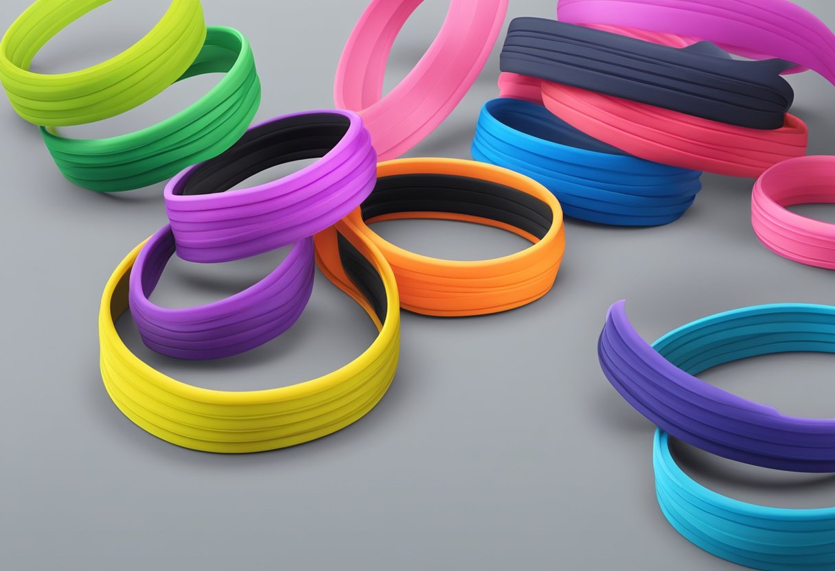 A collection of colorful silicone sports bands arranged in a neat row, with the company logo prominently displayed on each band