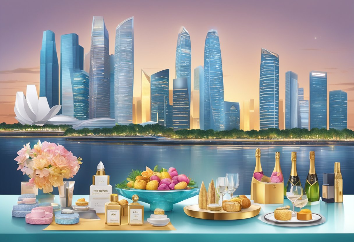 A table adorned with elegant corporate gifts, including branded items and luxurious products, set against a backdrop of the Singapore skyline